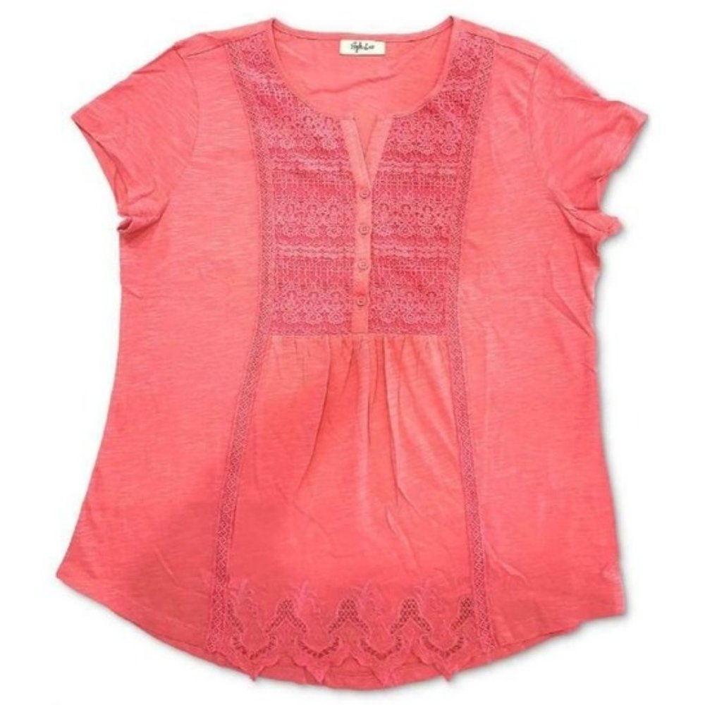 NWT Style Co American Picnic Lace-Front Top Coral Pink